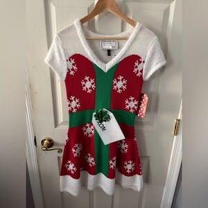 With Love Derek Juniors Christmas Gift Short Sleeve Sweater Dress Medium NWT